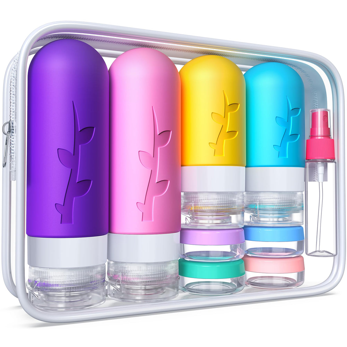 Tocelffe travel bottles with transparent silicone bodies, ideal for organized, leak-free toiletries on trips.