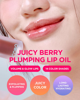 TOCOBO Juicy Berry Lip Oil applicator demonstrates easy, precise, non-sticky application.