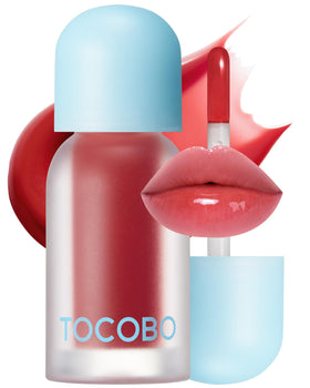 TOCOBO Juicy Berry Lip Oil bottle pour shows glassy shine and smooth application