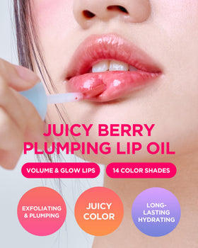 TOCOBO Juicy Berry Lip Oil on lips reveals rosy coral tint for everyday radiance