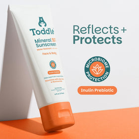Toddle SPF 50 sunscreen label close-up highlighting reef-safe, non-toxic formula