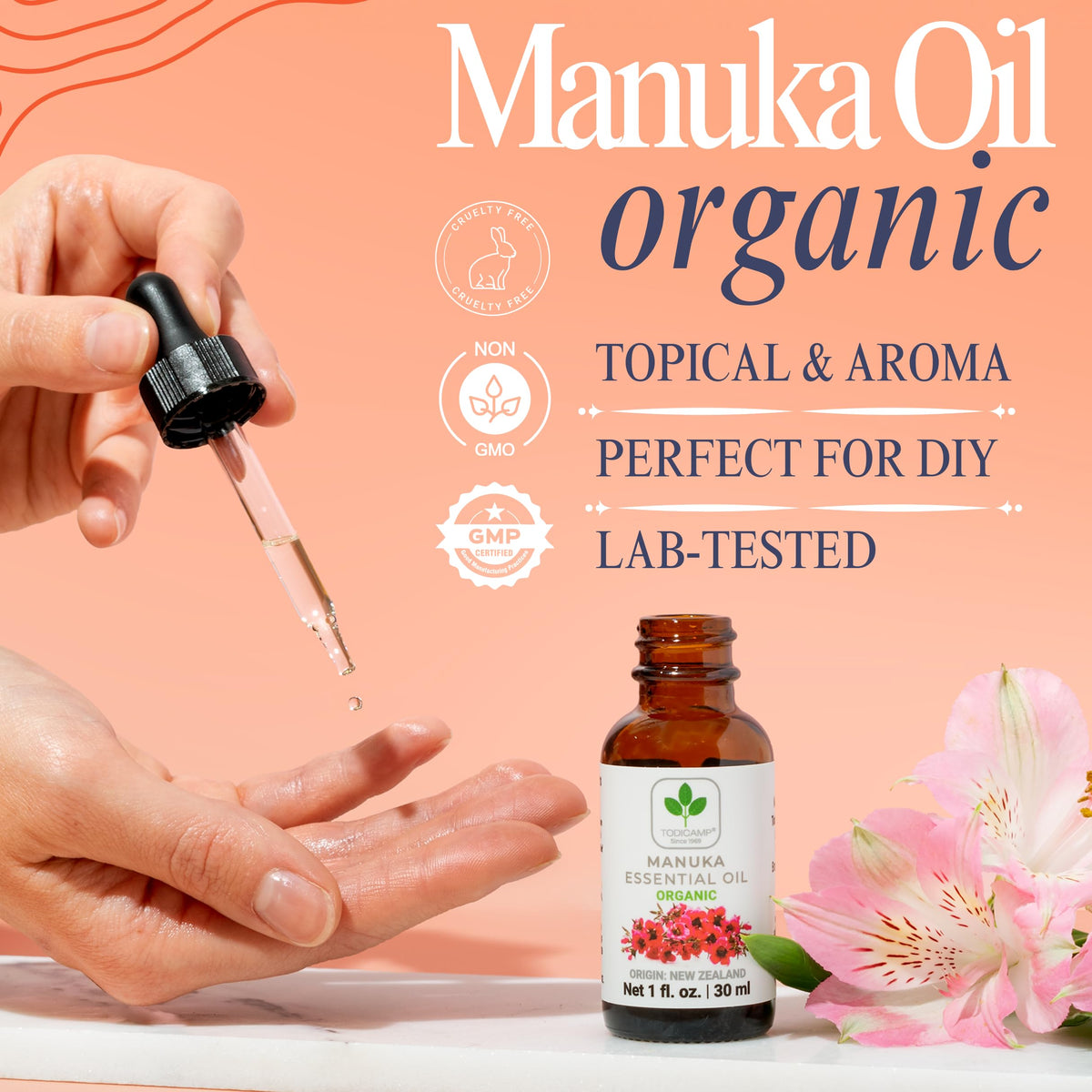 TODICAMP Manuka Oil applied on skin for soothing hydration.