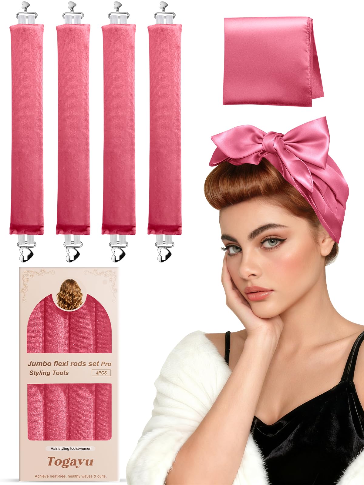 Togayu heatless curls overnight set packaging with pink rollers for easy styling