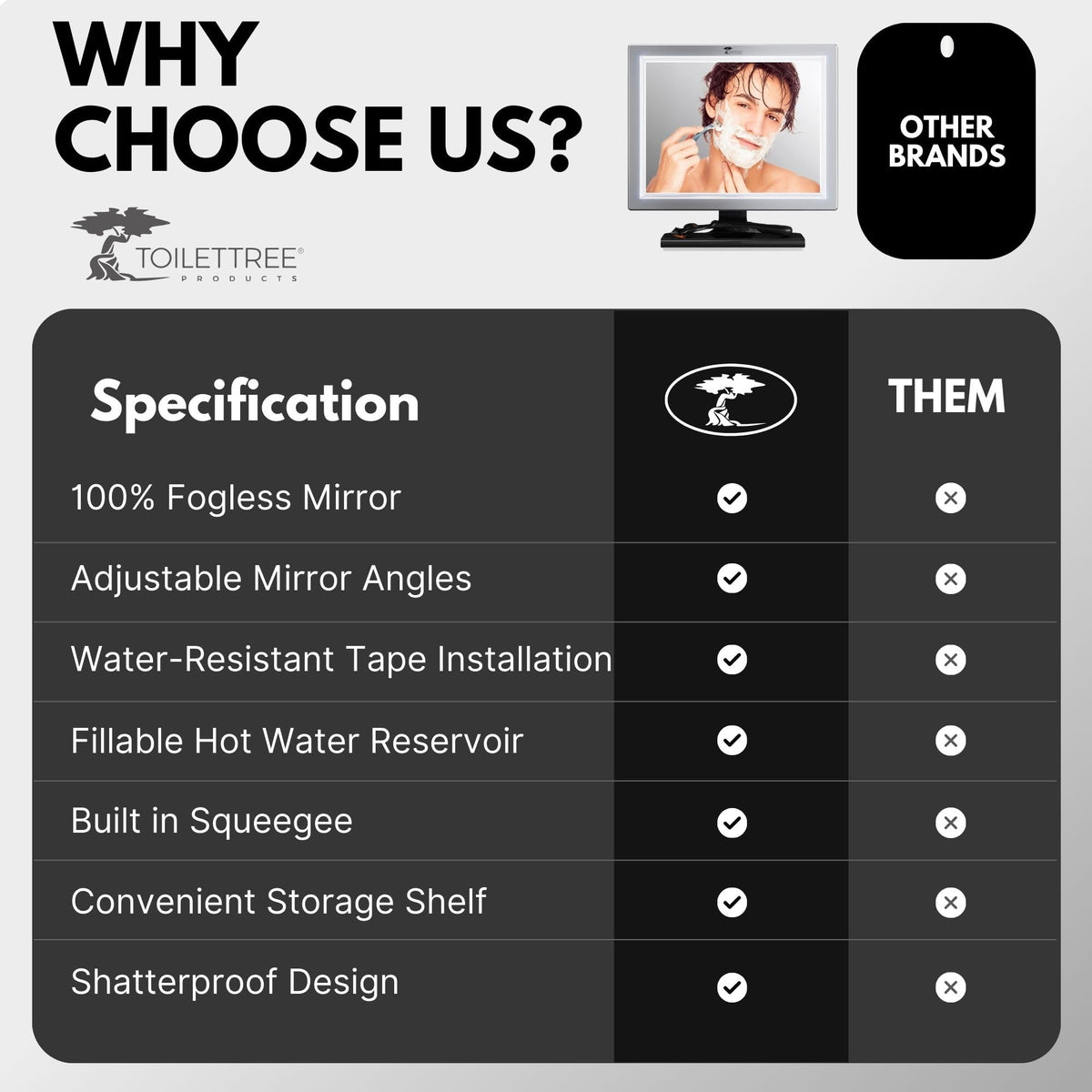 ToiletTree Deluxe bathroom mirror demonstrates easy setup and squeegee storage after use.