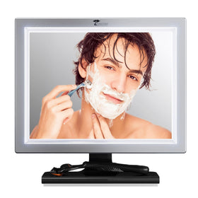ToiletTree Deluxe LED fogless shower mirror with squeegee in-use for makeup removal and shaving.