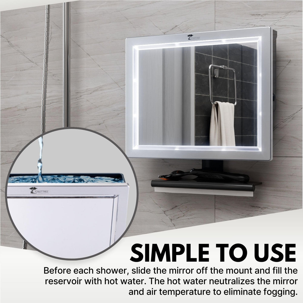 ToiletTree Deluxe water-chamber mirror with warm water aids comfortable, consistent fog resistance.