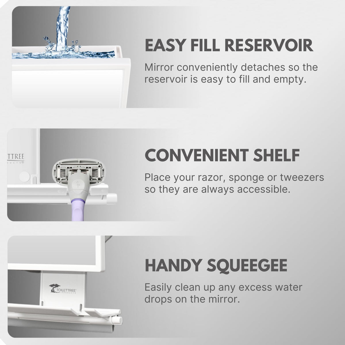 ToiletTree fogless mirror with squeegee, wipe away water for a clear reflection.