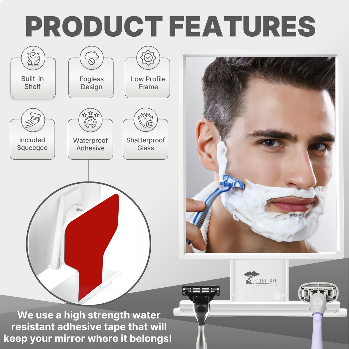ToiletTree fogless mirror wall mount, secure and durable for shower use.