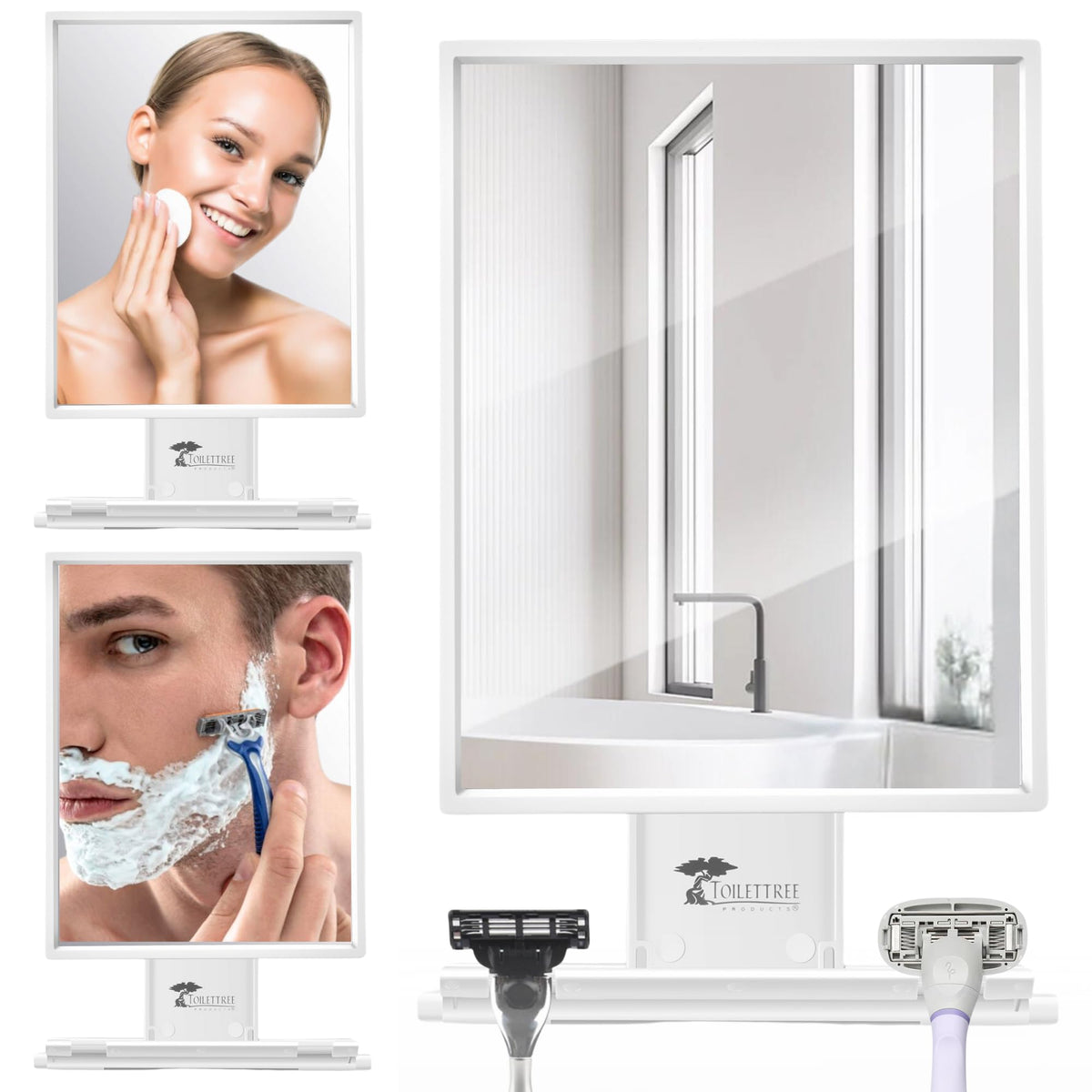 ToiletTree fogless shower mirror, wide view for shaving and makeup.
