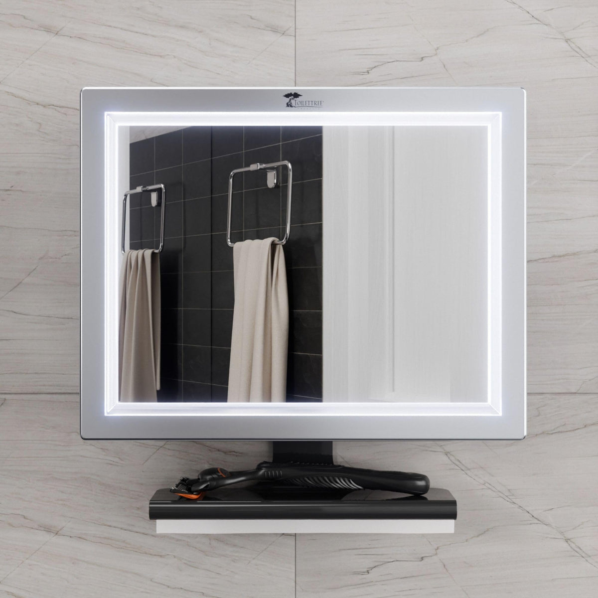 ToiletTree LED lighting highlights features for makeup removal and shaving in the shower.
