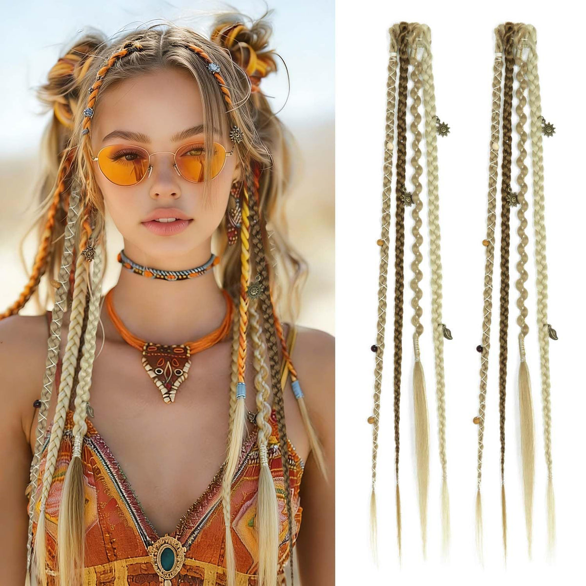 Toilswirl boho dreadlock clip-in braids with charms add instant festival-ready texture.