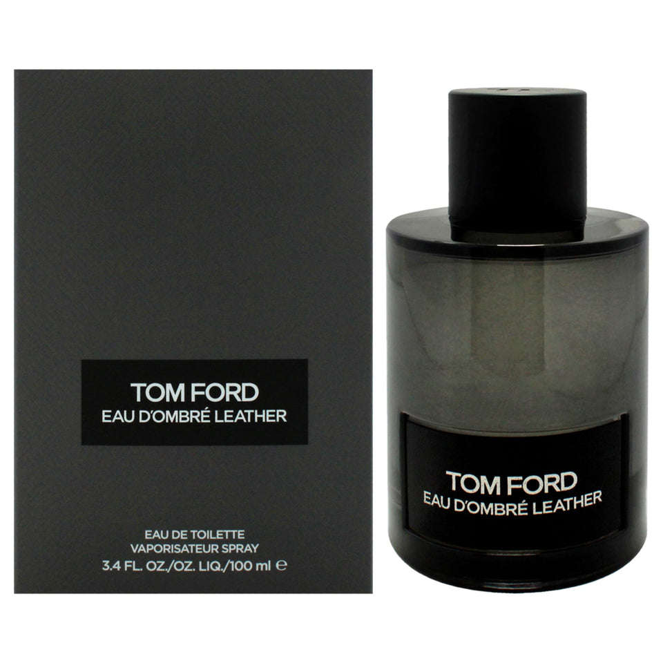 Tom Ford Eau Dombre Leather bottle close-up highlights lasting masculine appeal.