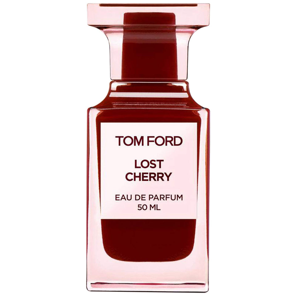 Tom Ford Lost Cherry EDP bottle in deep red glass for evening wear.