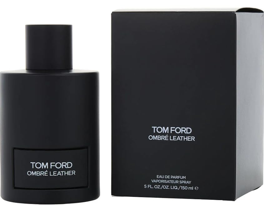 Tom Ford Ombre Leather flacon close-up highlighting tactile black plaque and luxury detail