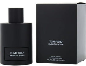 Tom Ford Ombre Leather flacon close-up highlighting tactile black plaque and luxury detail