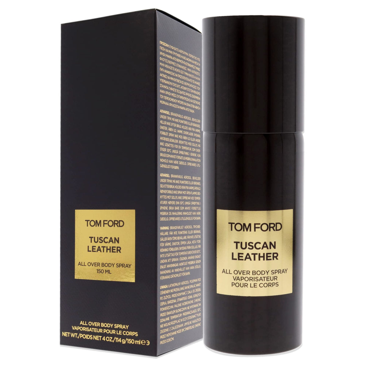 Tom Ford Tuscan Leather Body Spray nozzle close-up reveals elegant packaging and aroma.