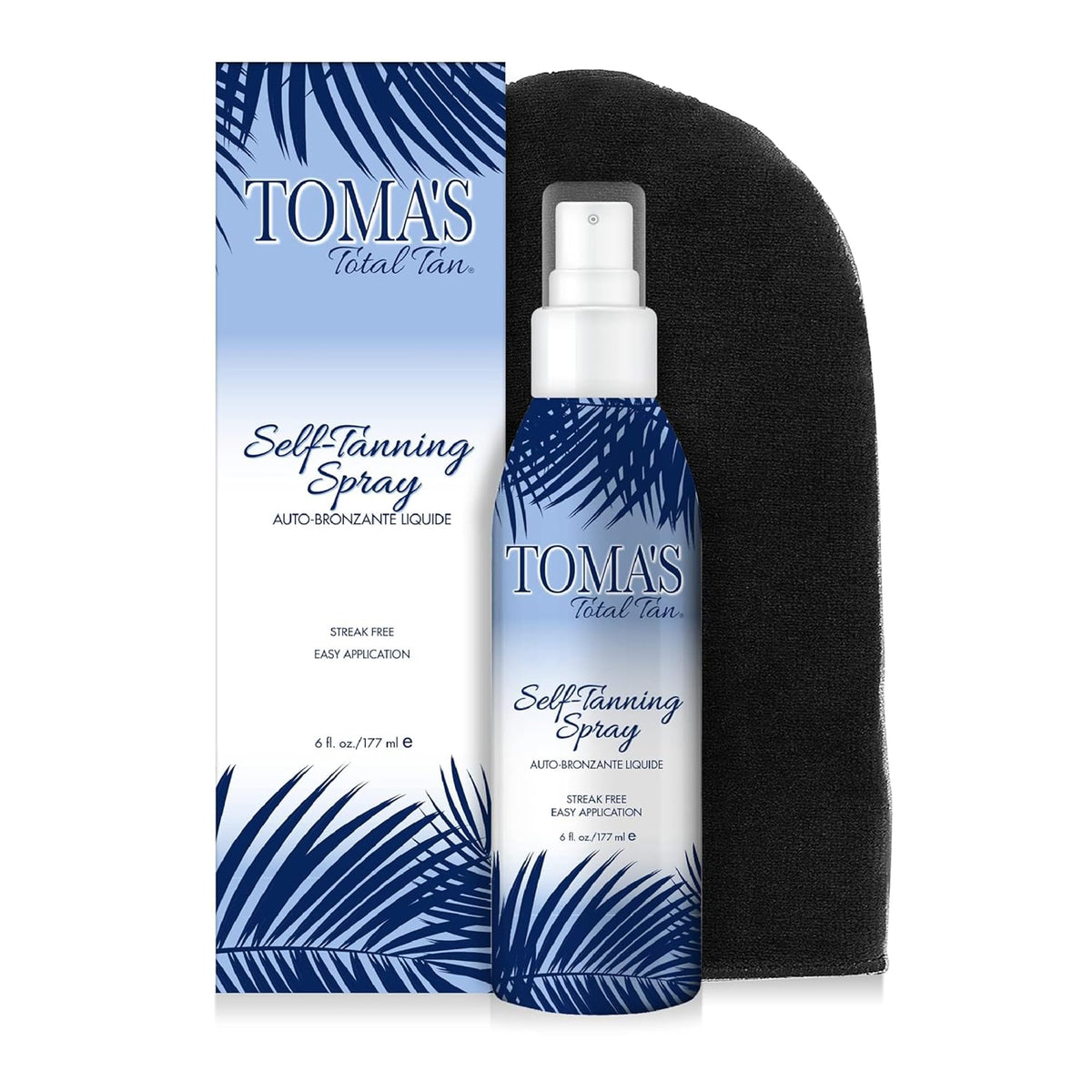 TOMAS TOTAL TAN liquid spray bottle shown for quick indoor color