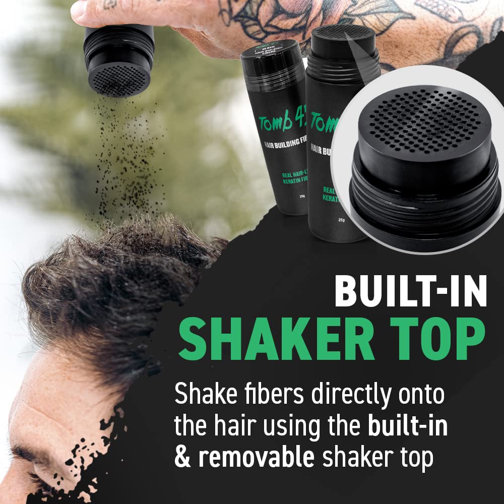 Tomb45 Hair Building Fibers before-and-after demo highlights density result.