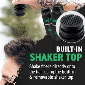 Tomb45 Hair Building Fibers before-and-after demo highlights density result.
