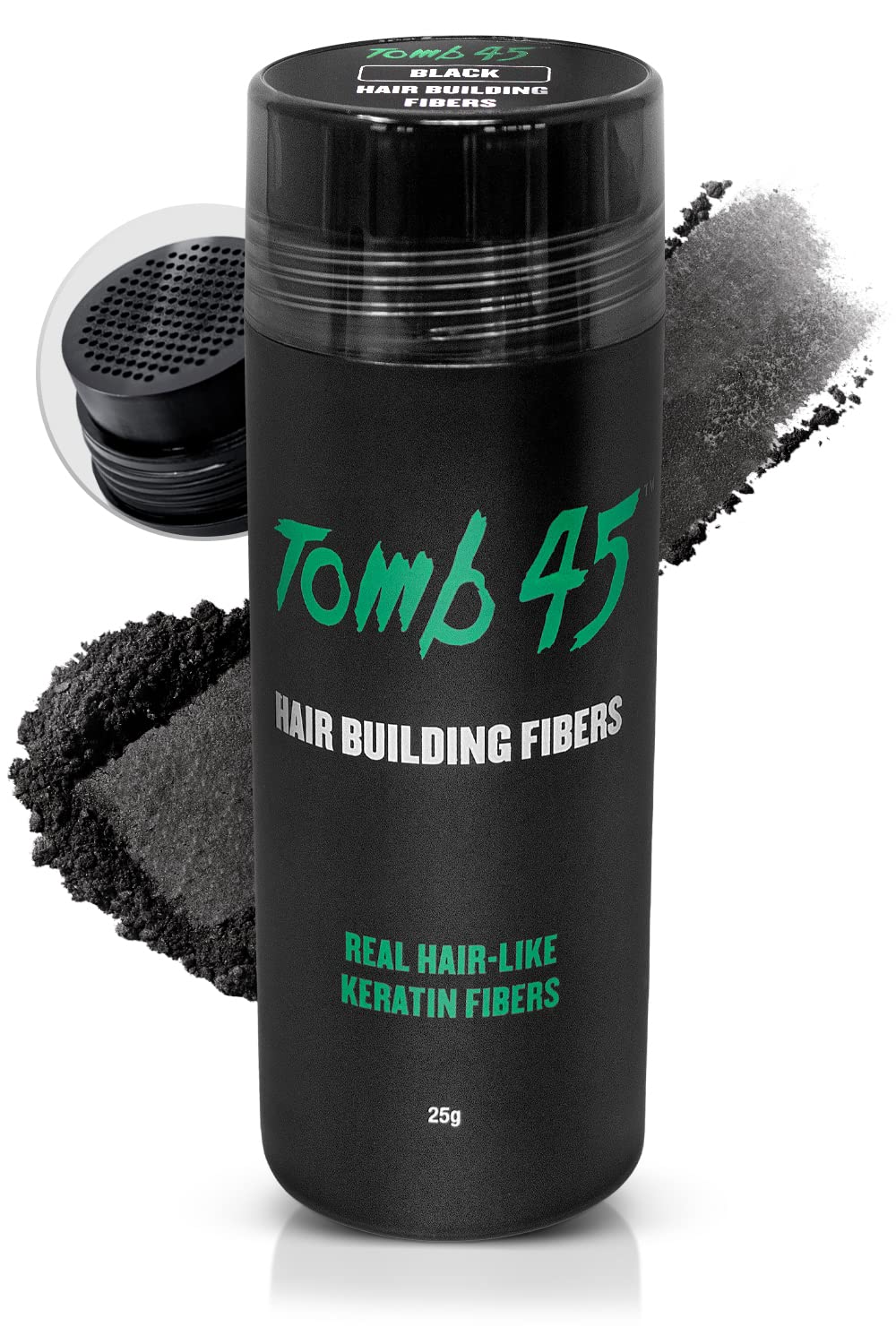 Tomb45 Hair Building Fibers Black packaging, easy-to-use for quick styling.