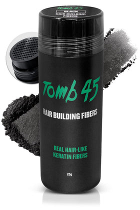 Tomb45 Hair Building Fibers Black packaging, easy-to-use for quick styling.