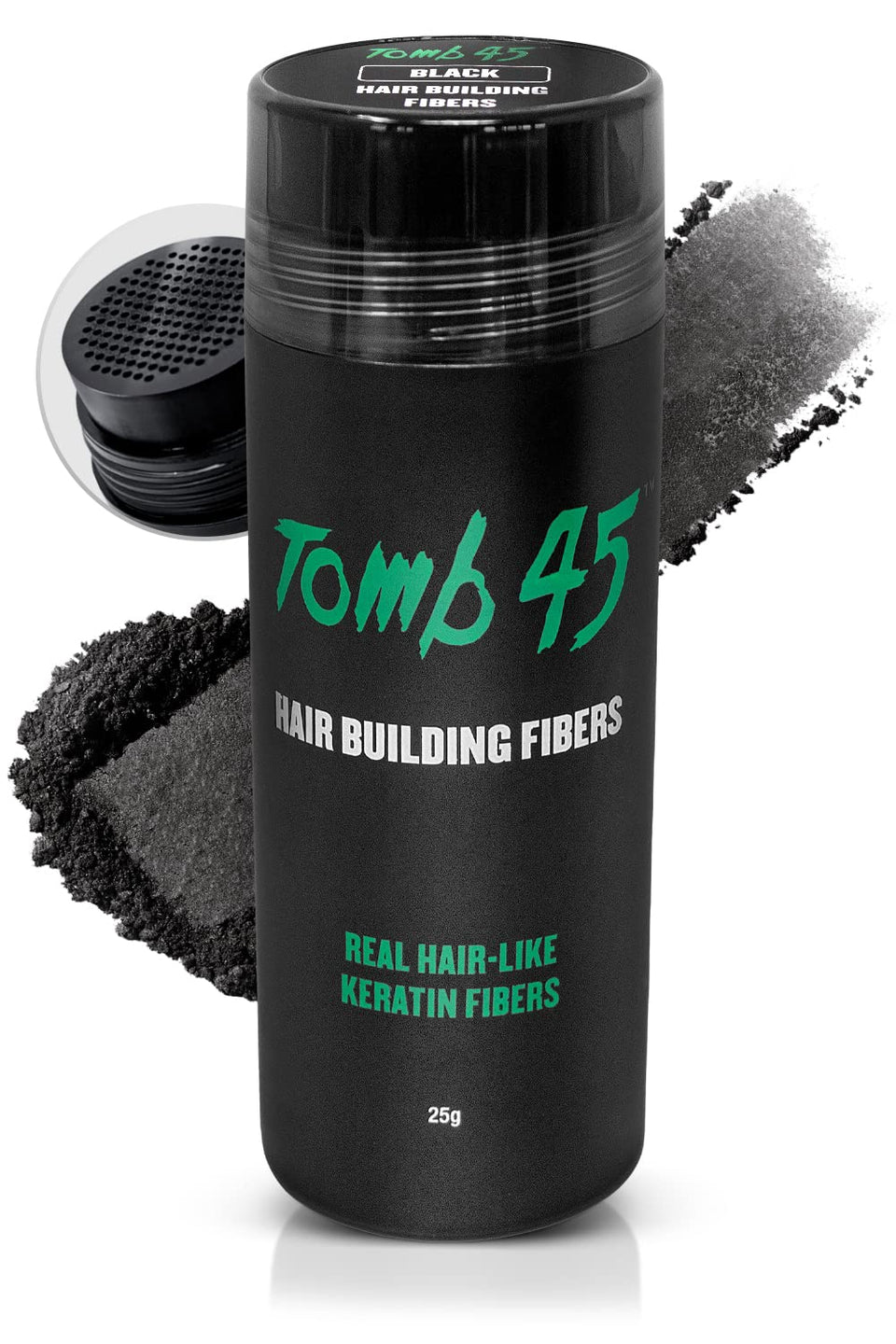 Tomb45 Hair Building Fibers Black packaging, easy-to-use for quick styling.