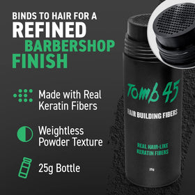 Tomb45 Hair Building Fibers on hair strands create natural-looking density.