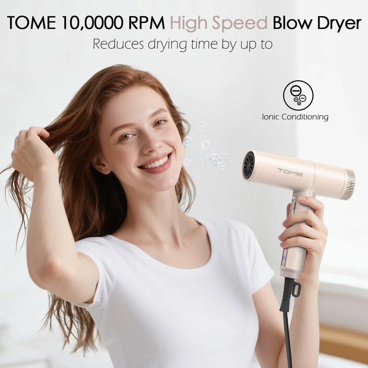 ToMe TOME hair dryer with 3 heat and 2 speed settings.