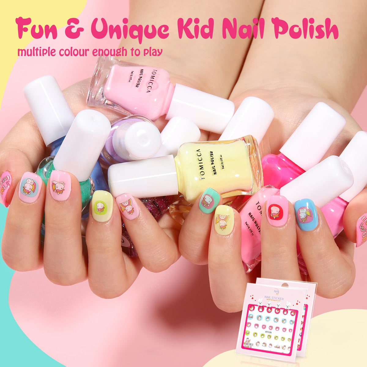 TOMICCA Glitter and opaque color swatches for bright kid-friendly nail art ideas.