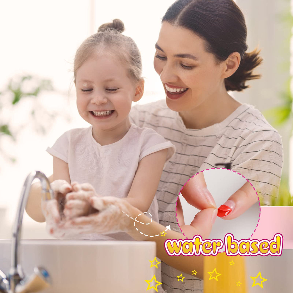 TOMICCA kids nail polish application on tiny fingers emphasizing safe, gentle use