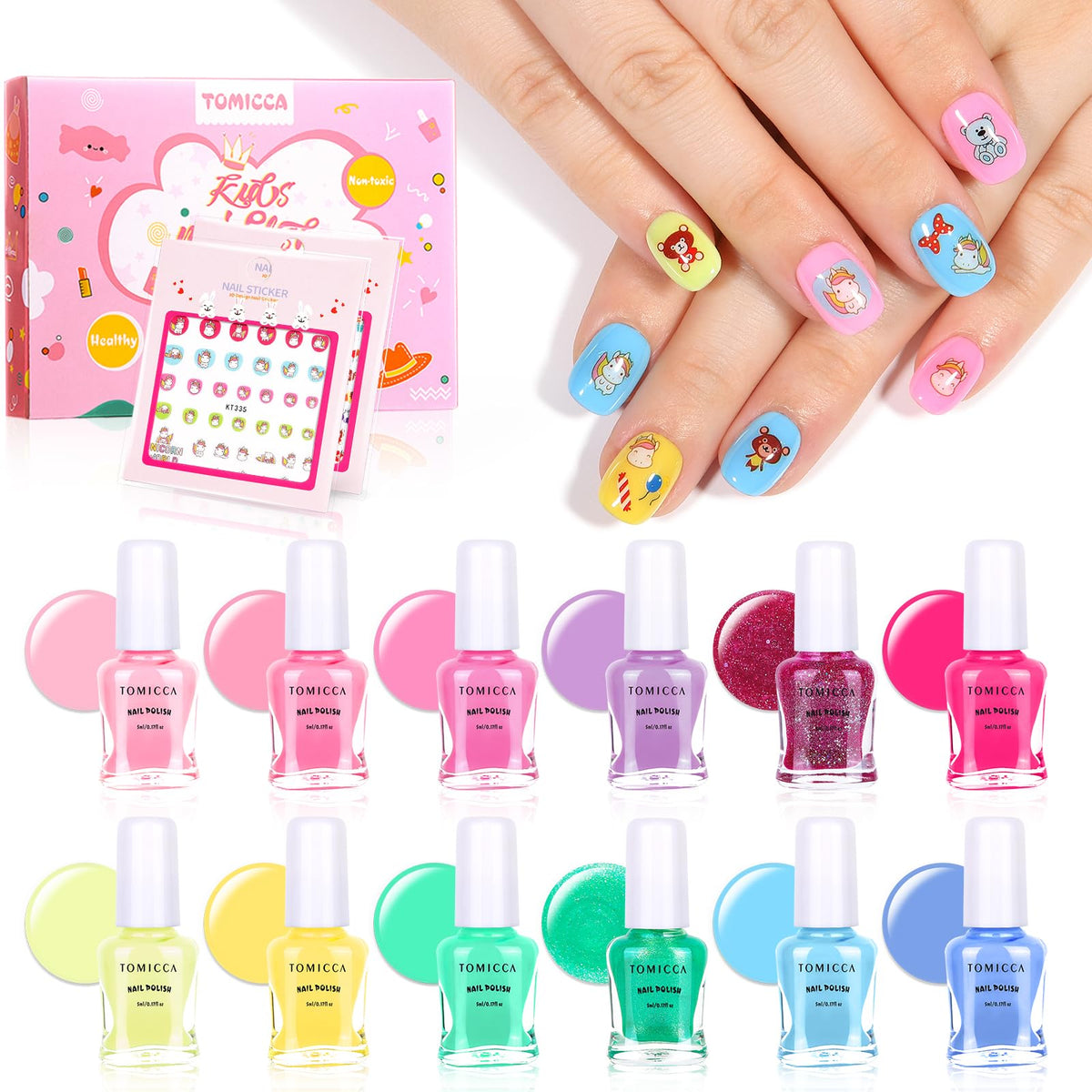 TOMICCA Kids Nail Polish Set with 12 candy colors for safe water-based play.