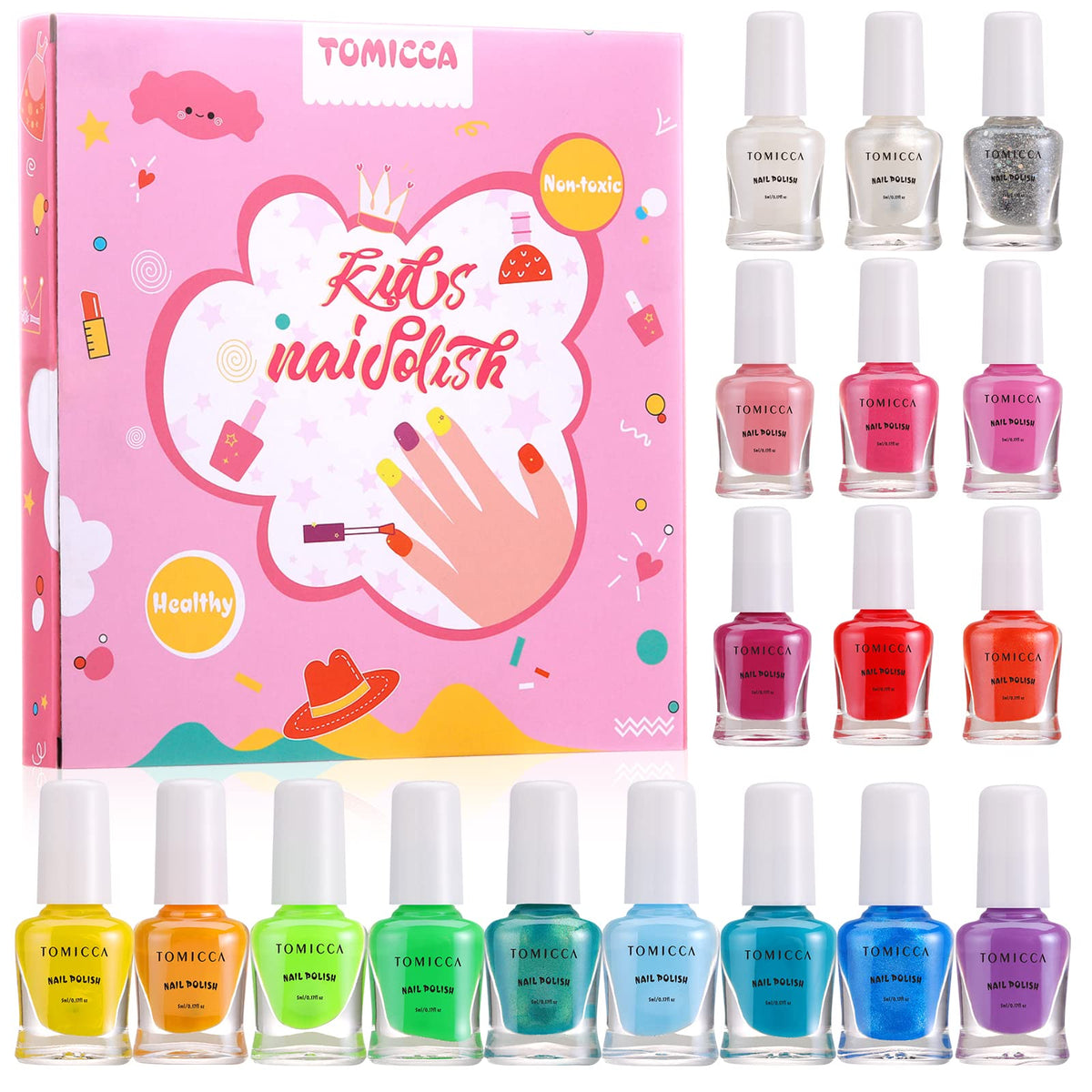 TOMICCA kids nail polish set with 18 colorful bottles for safe, water-based nail art