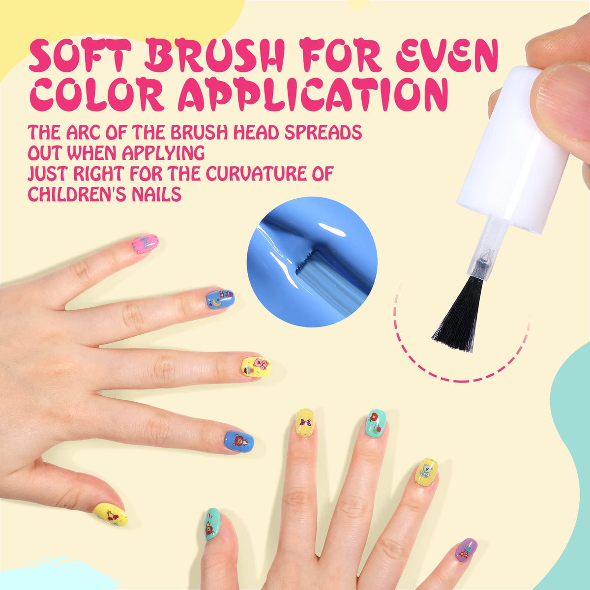 TOMICCA Water-based non-toxic formula delivers an odorless, gentle experience for tiny nails.