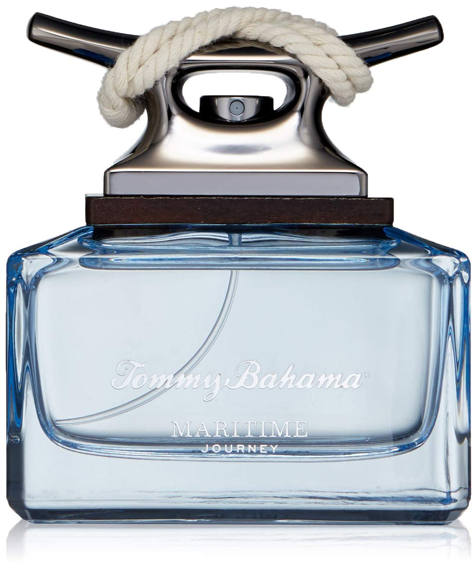 Tommy Bahama Maritime Journey bottle front view with sea-blue tint, premium seaside vibe