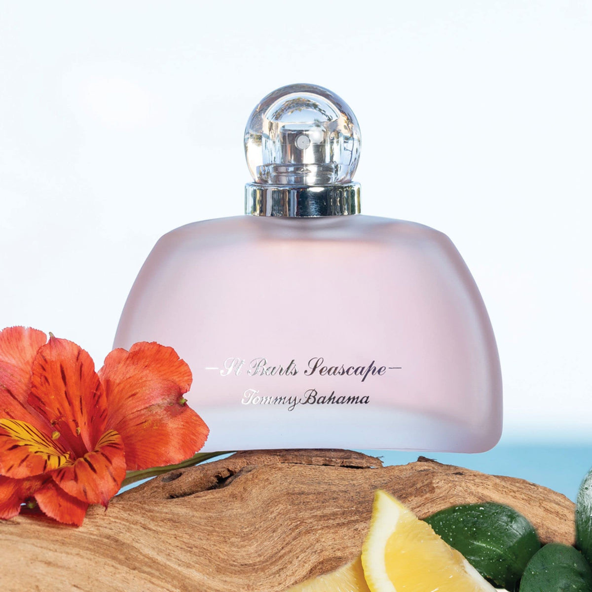Tommy Bahama Seascape EDP bottle close-up highlights floral heart and vetiver for tropical wear