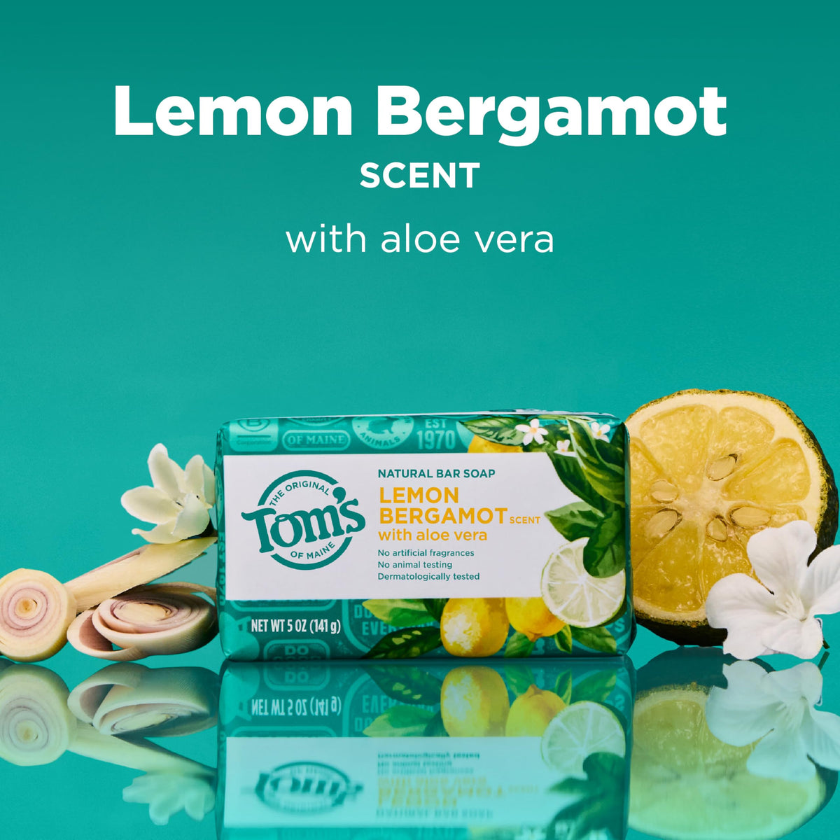 Tom's of Maine Lemon Bergamot natural bar soap four-pack back view highlighting paraben-free formula.