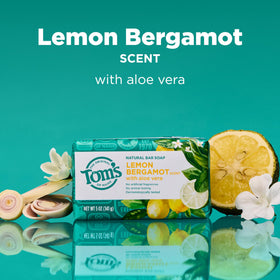 Tom's of Maine Lemon Bergamot natural bar soap four-pack back view highlighting paraben-free formula.