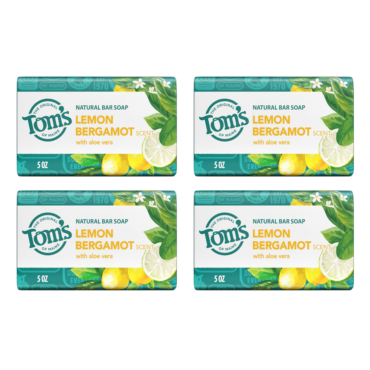 Tom's of Maine Lemon Bergamot natural bar soap four-pack front view, ready for daily cleansing.