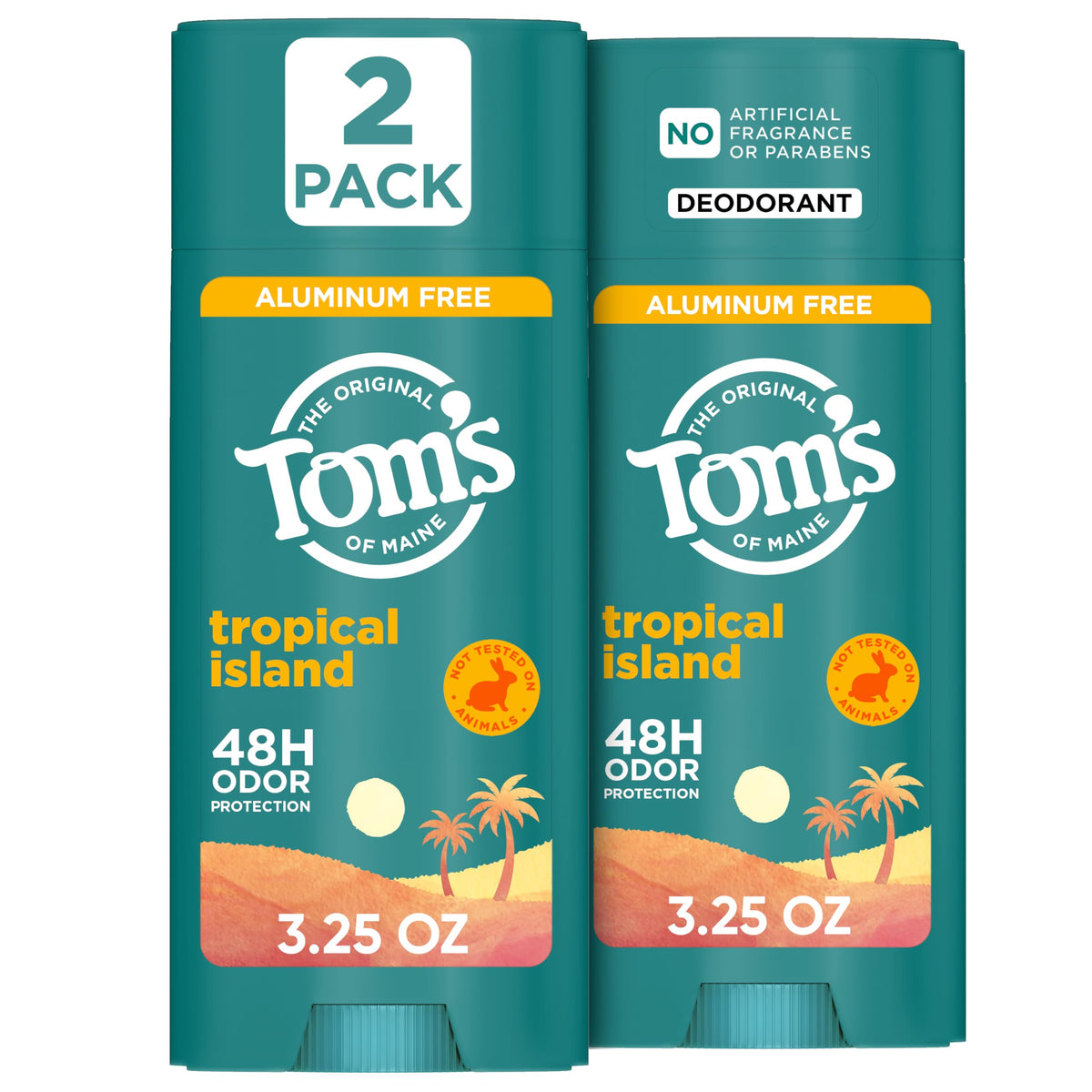 Tom's of Maine Tropical Island deodorant stick front view with aluminum-free protection.