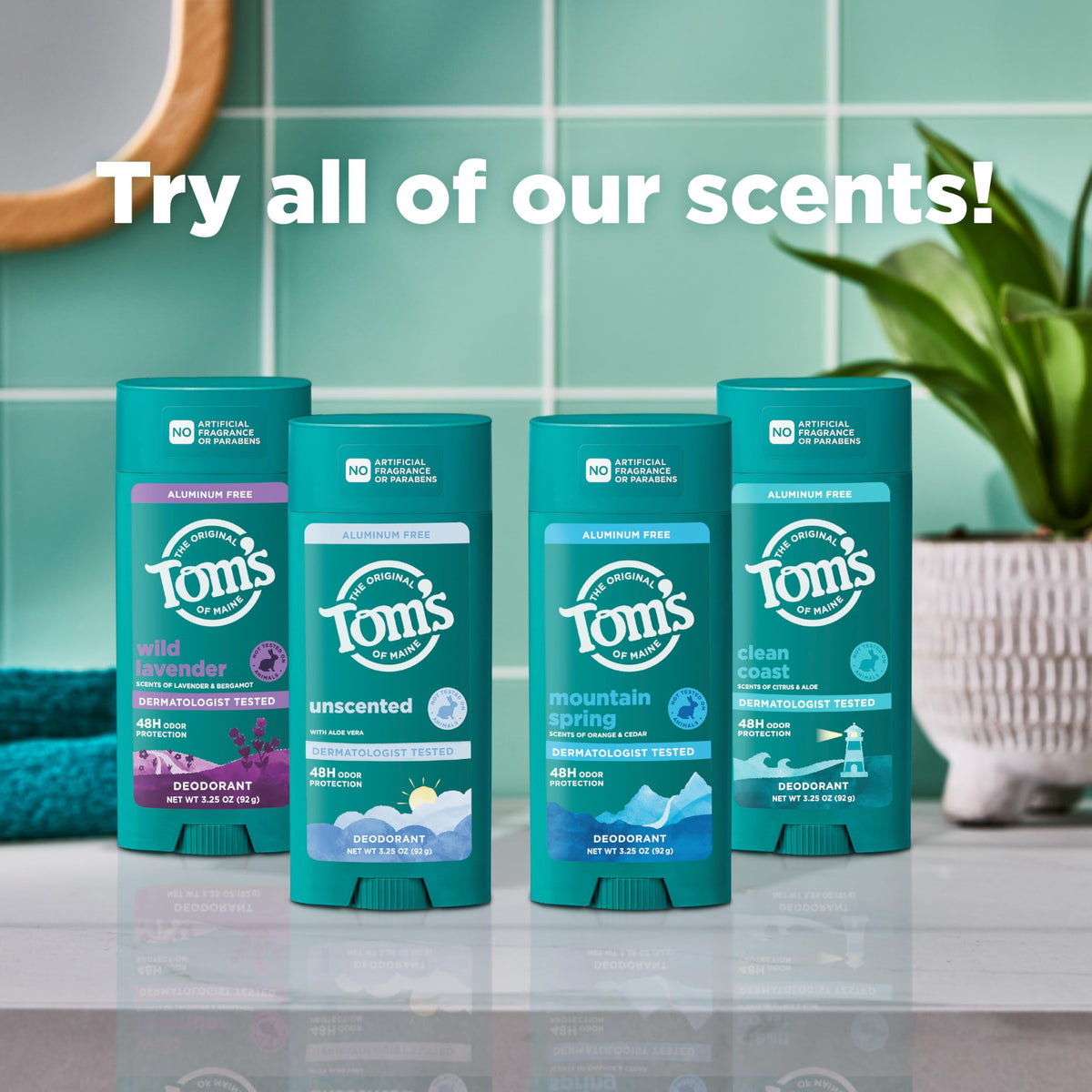 Palm trees backdrop evokes tropical island fragrance for Tom's of Maine product.