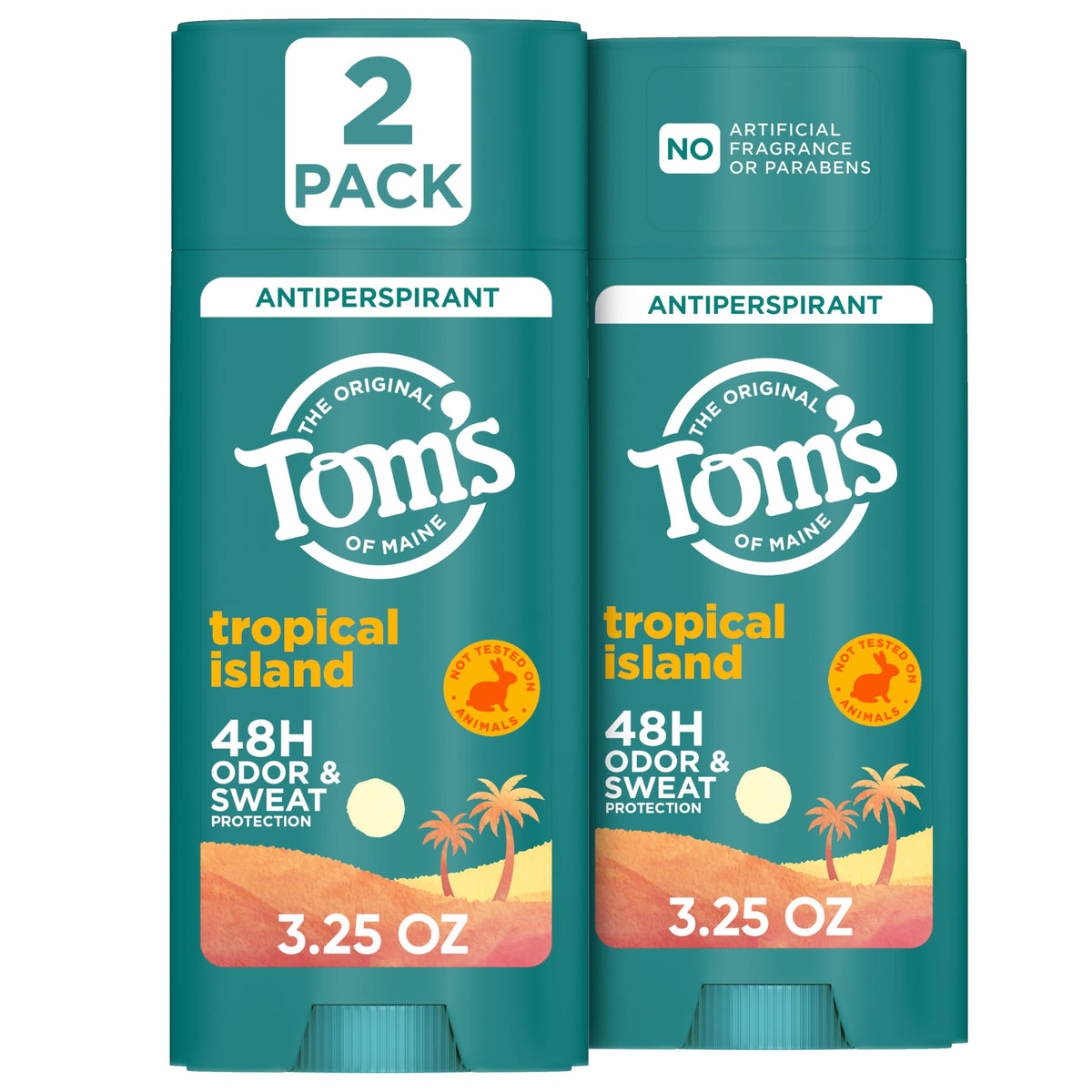 Tom’s of Maine Tropical Island stick front view promoting all-day freshness.