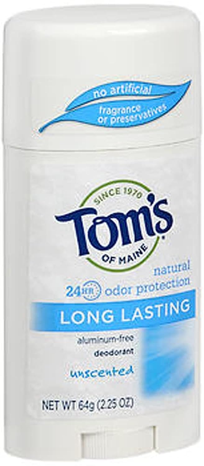 Tom's of Maine Unscented Deodorant Stick for sensitive skin, long-lasting odor protection.