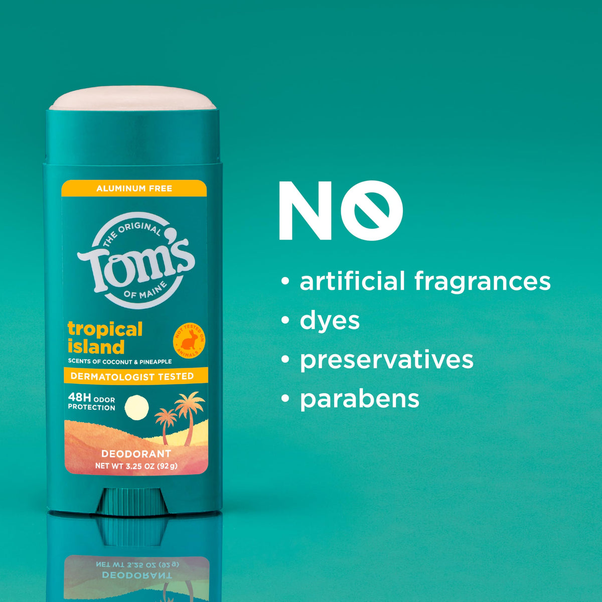Vegan and cruelty-free indicators on Tom's of Maine Tropical Island.