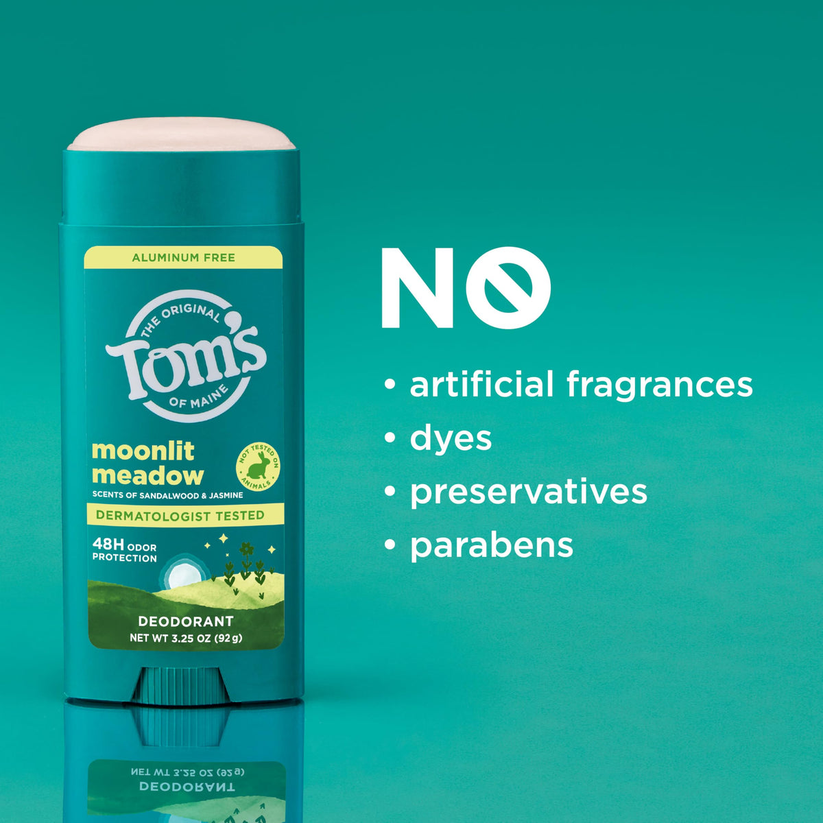 Vegan and cruelty-free deodorant free of artificial fragrances and dyes.