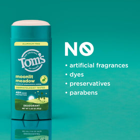 Vegan and cruelty-free deodorant free of artificial fragrances and dyes.