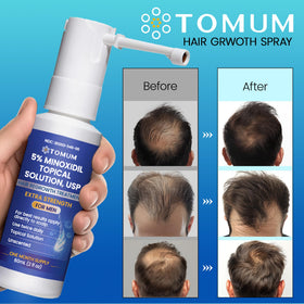 Tomum minoxidil spray bottle beside USA-made label