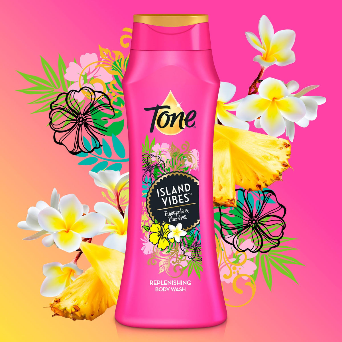 Tone Island Vibes label closeup showing pineapple and plumeria notes and ingredients.