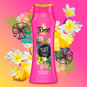 Tone Island Vibes label closeup showing pineapple and plumeria notes and ingredients.