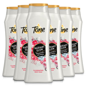 Tone Body Wash Radiant Glow with diamond dust for radiant skin and lotus scent.
