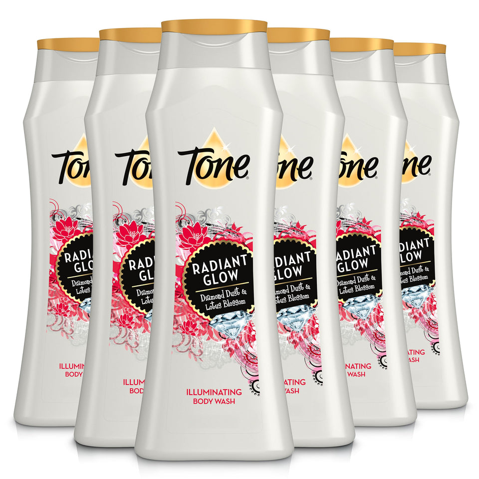 Tone Body Wash Radiant Glow with diamond dust for radiant skin and lotus scent.